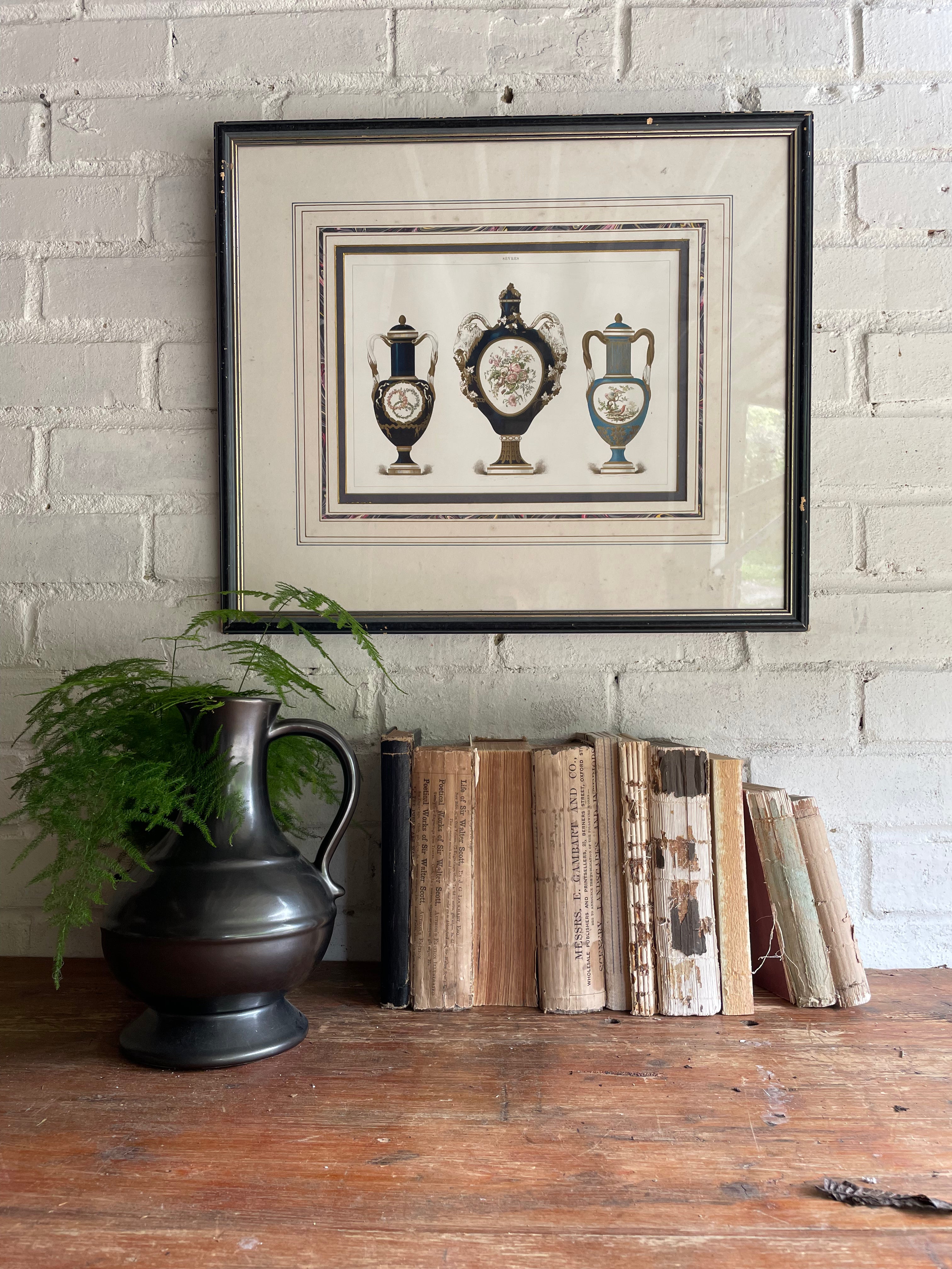 Coloured Antique Print of Sevres Porcelain Urns