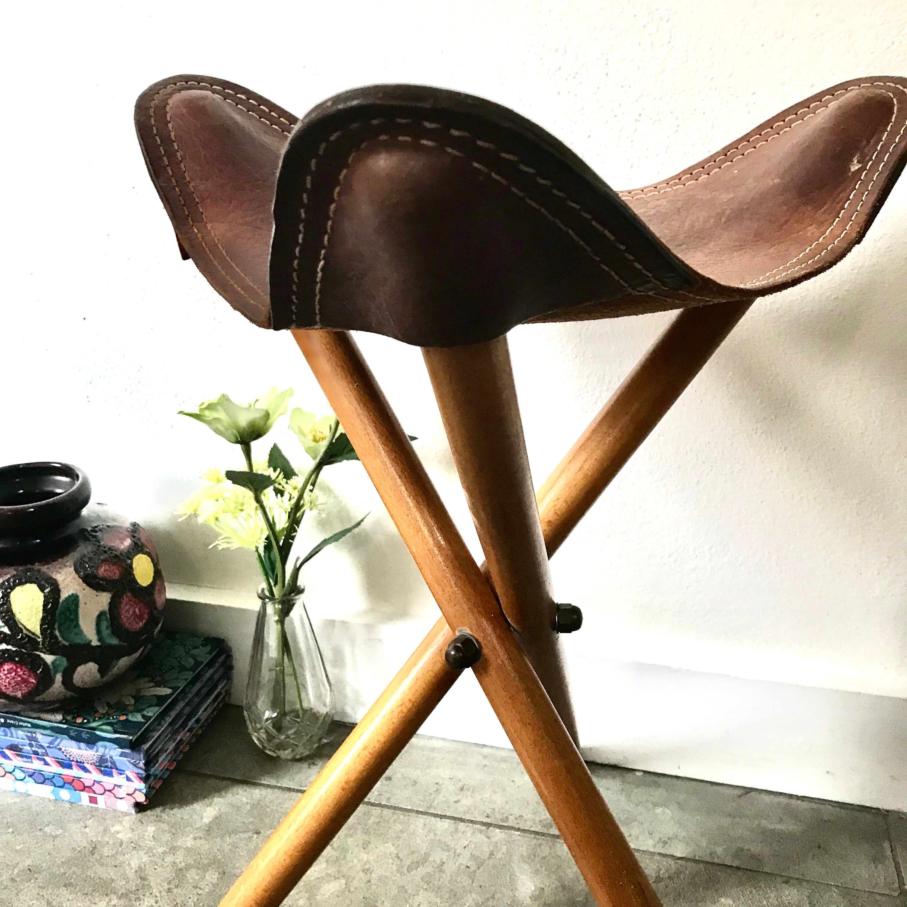 Vintage Leather Folding Stool