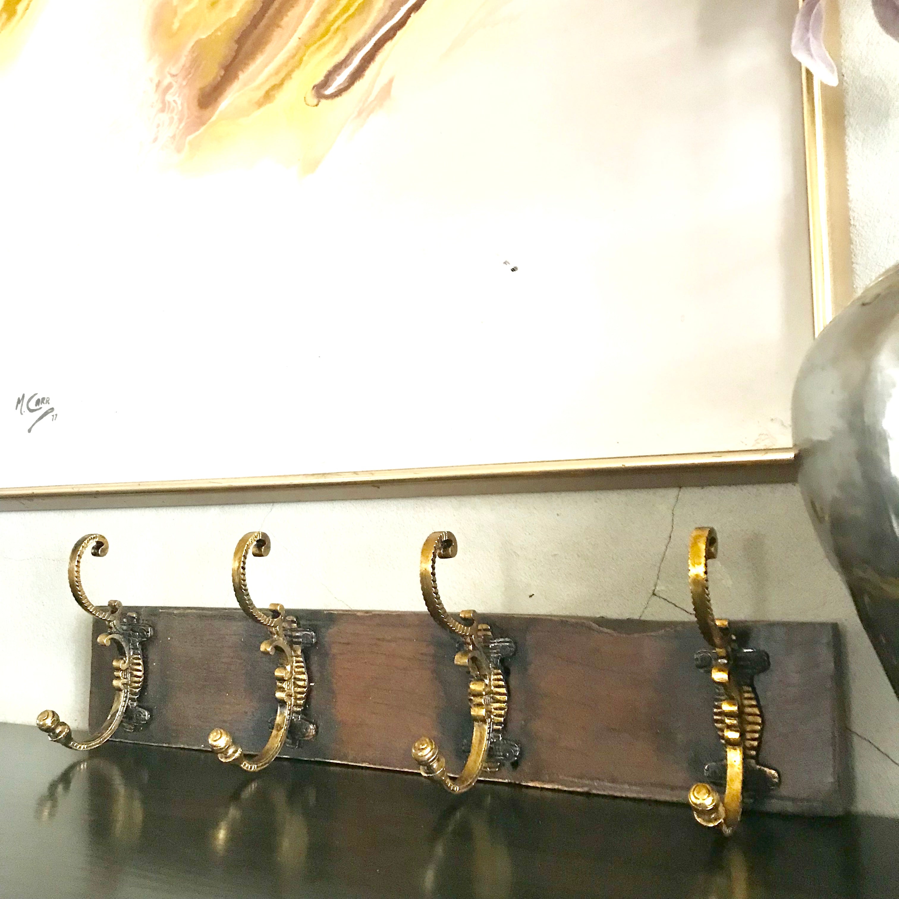 Vintage Wooden Coat Rack with 4 brass hooks