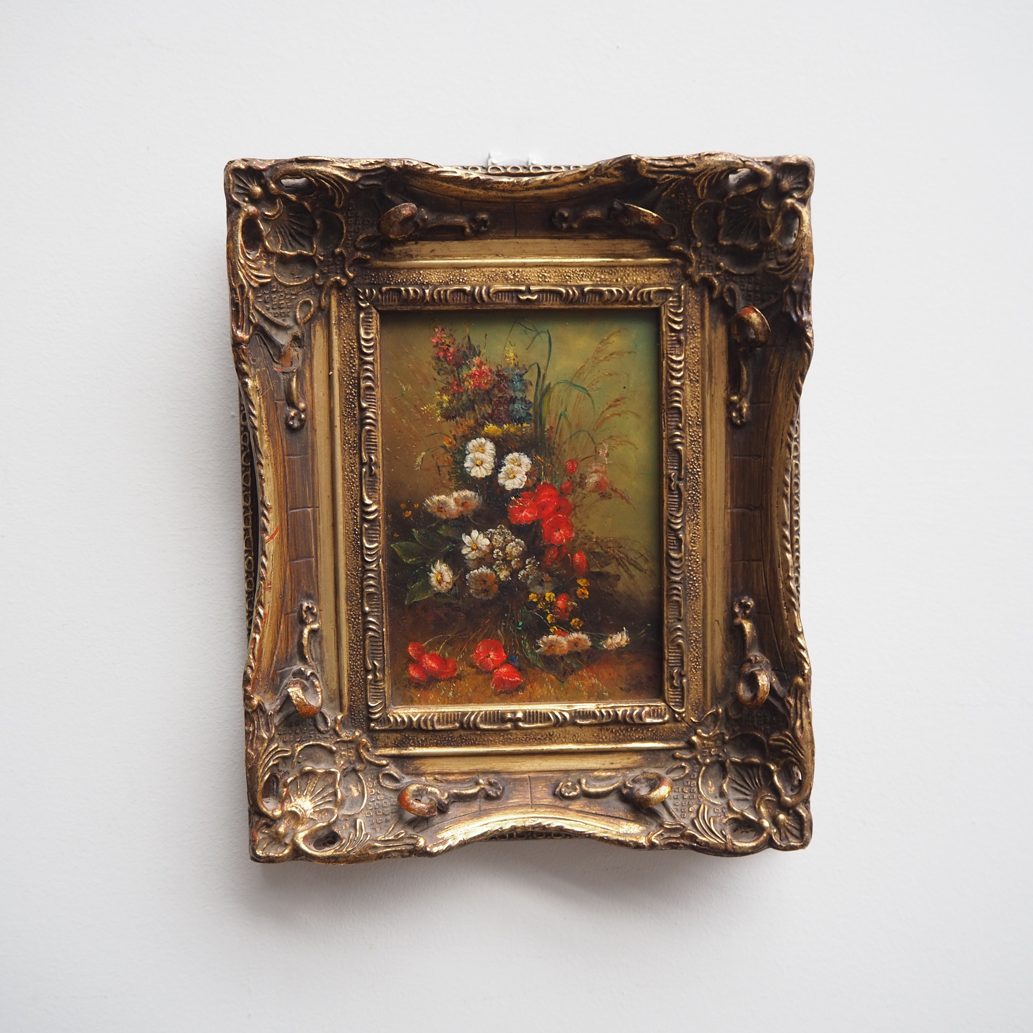 Red Burst: Small Floral Oil in Gesso Frame