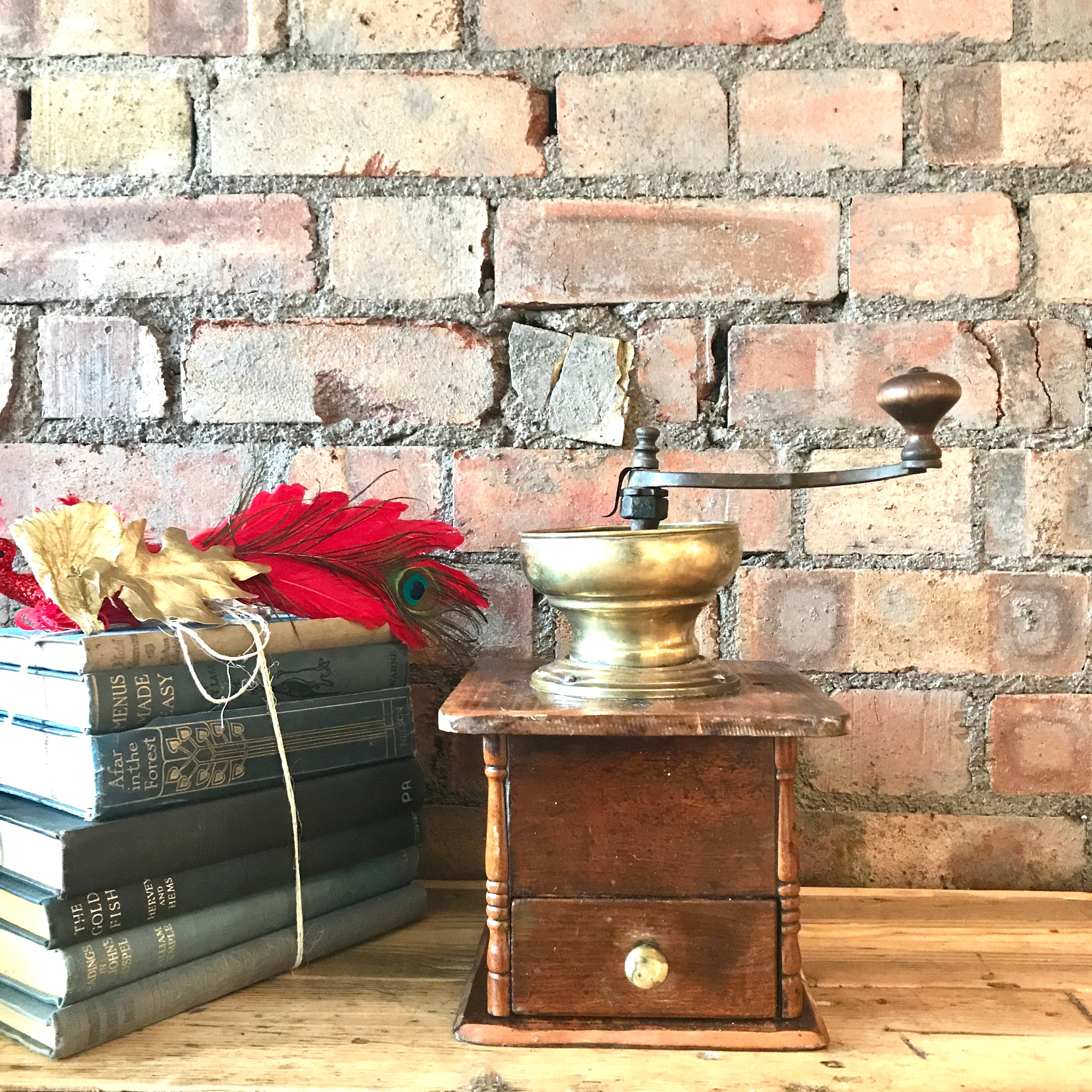 Large Vintage Coffee Grinder with Brass Top