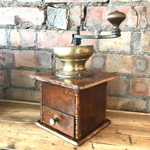 Large Vintage Coffee Grinder with Brass Top