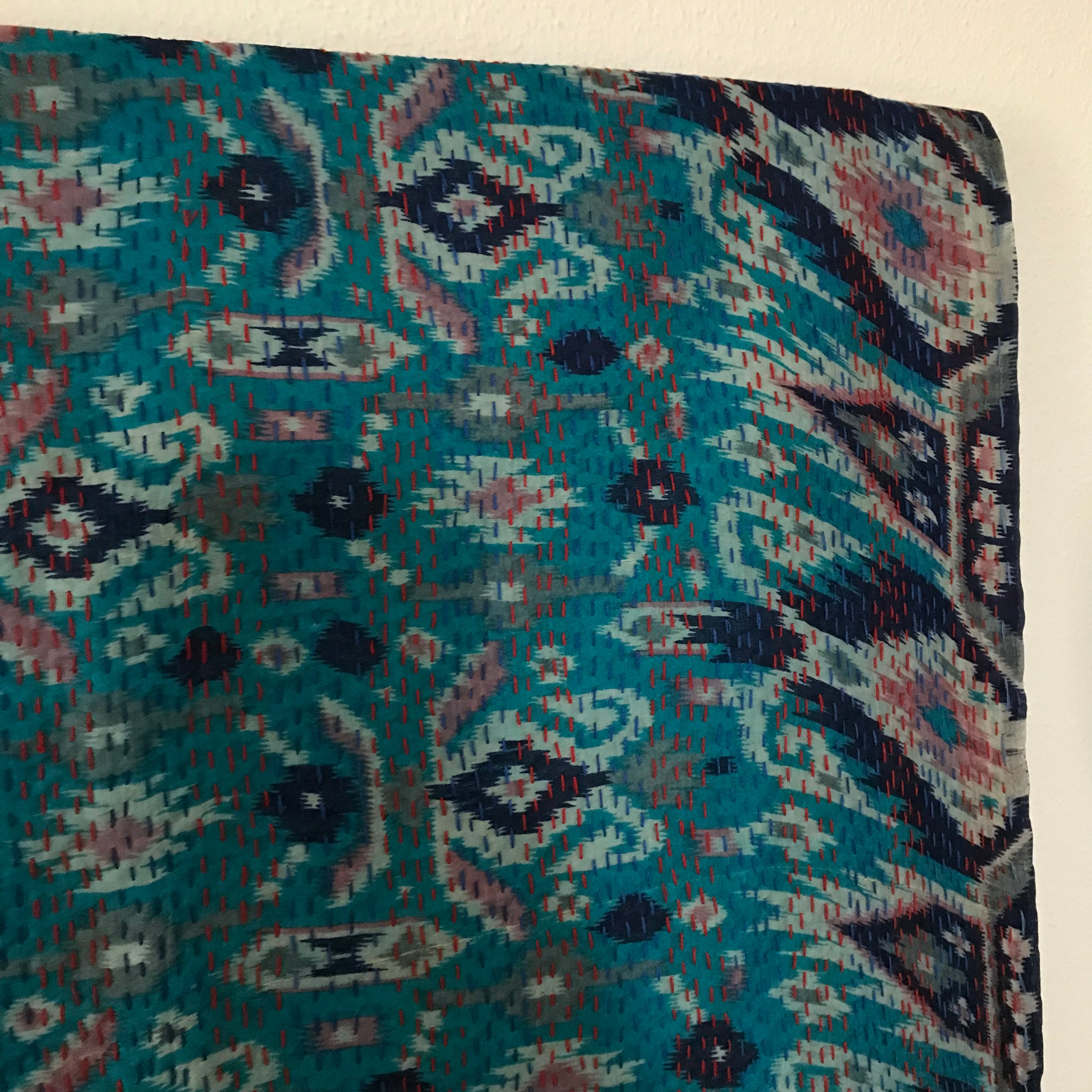 Double-Sided Silk Sari Table Runner (Turquoise and Blue)