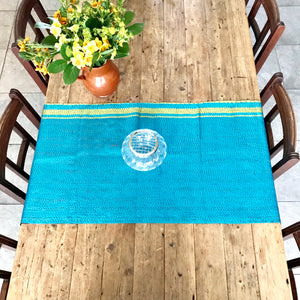 Double-Sided Silk Sari Table Runner (Turquoise and Blue)