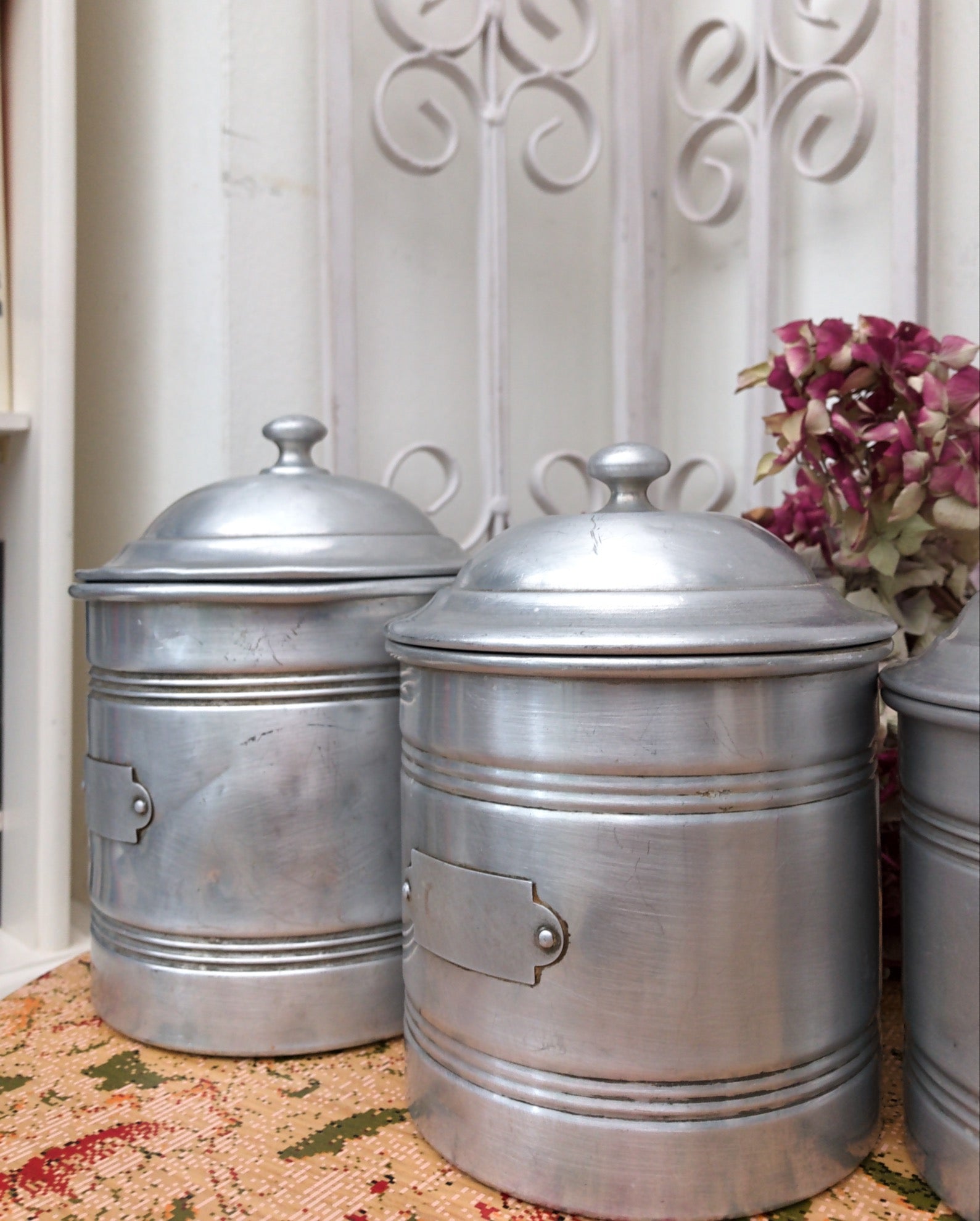 1930s French Aluminium Canisters - set of six