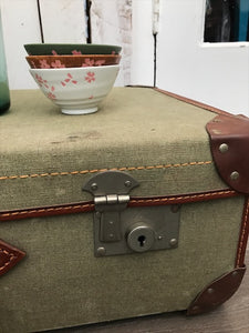 Vintage Green Canvas and Leather Suitcase
