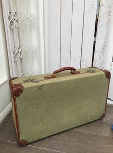 Vintage Green Canvas and Leather Suitcase