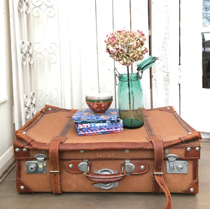 Vintage Brown Canvas and Leather Suitcase