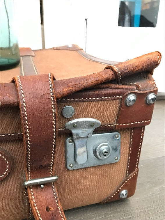 Vintage Brown Canvas and Leather Suitcase