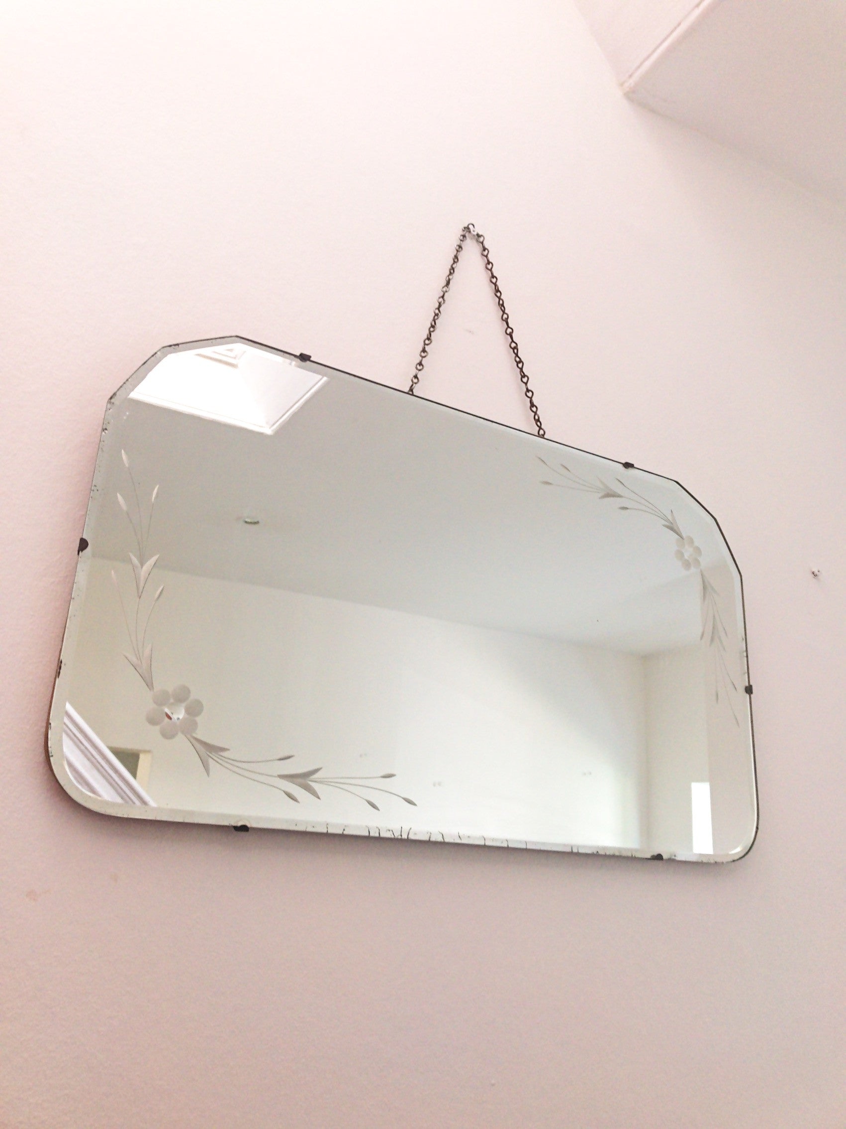 Art Deco Frameless Mirror with floral etching detail