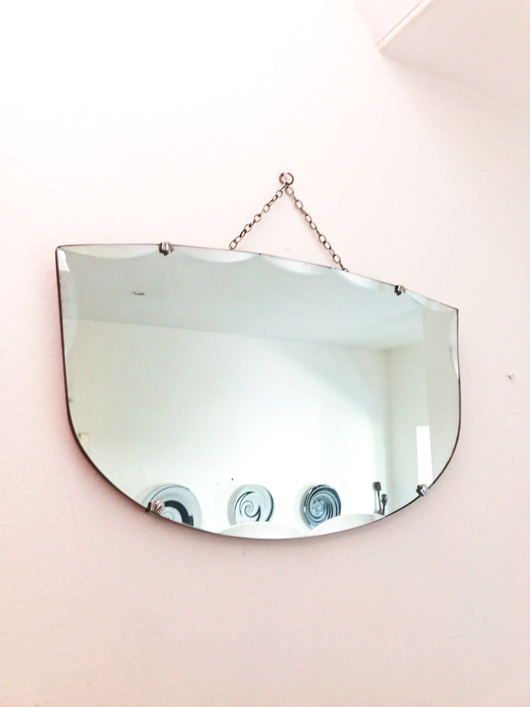 Vintage Art Deco Frameless Mirror with fan-shaped clasps