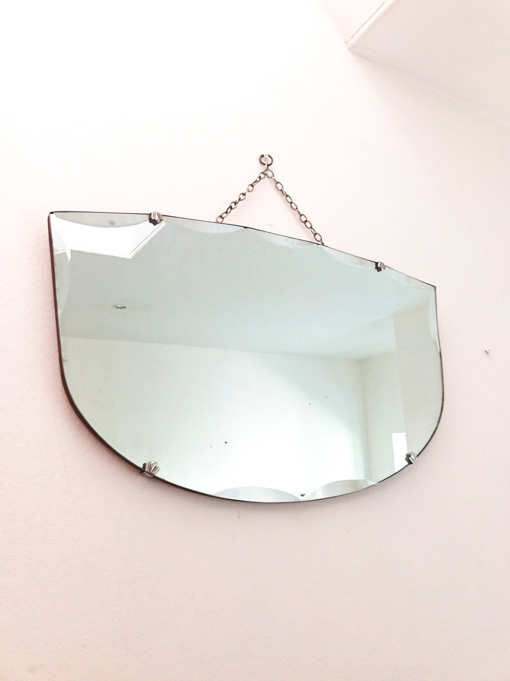 Vintage Art Deco Frameless Mirror with fan-shaped clasps