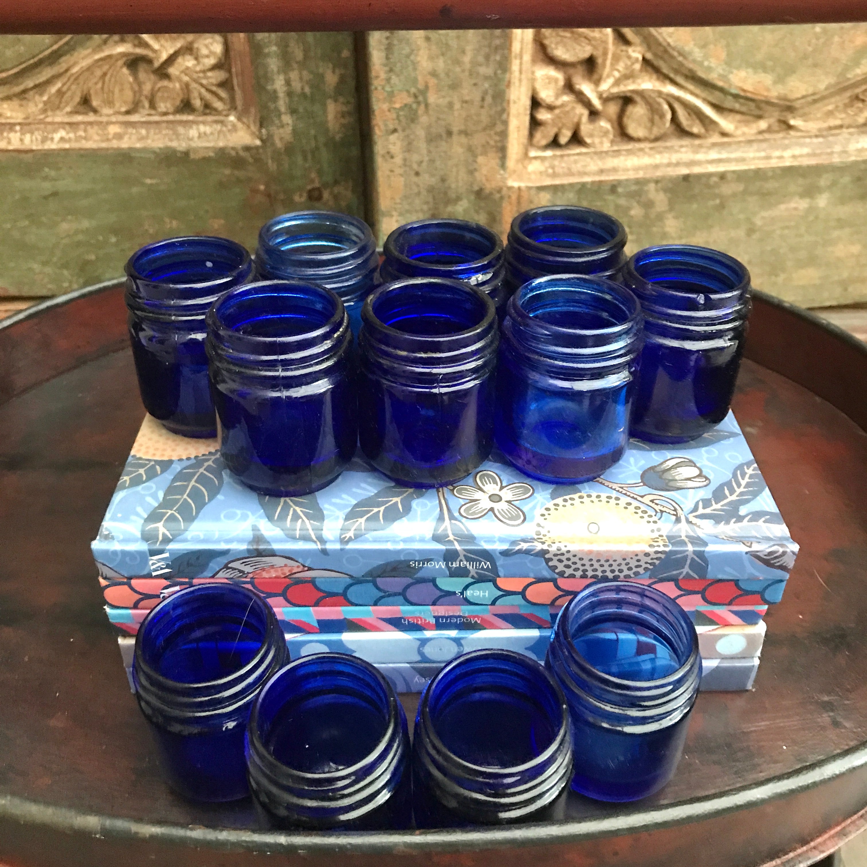 Collection of 12 Vintage Cobalt Blue Glass Vicks Jars