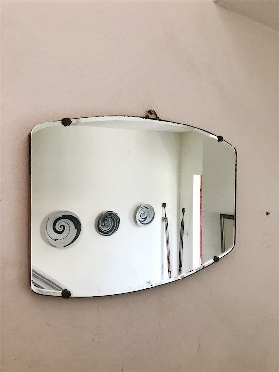 Vintage Art Deco Frameless Mirror with fan-shaped clasps