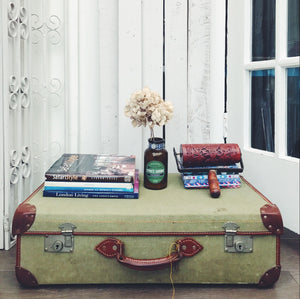 Vintage Green Canvas and Leather Suitcase