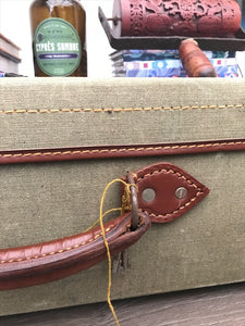 Vintage Green Canvas and Leather Suitcase