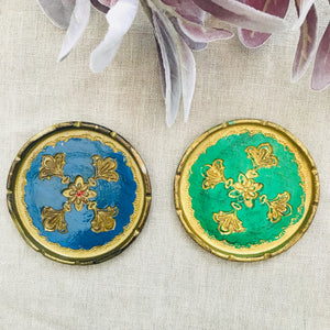 Set of Two Large Vintage Italian Florentine Coasters - Blue & Green