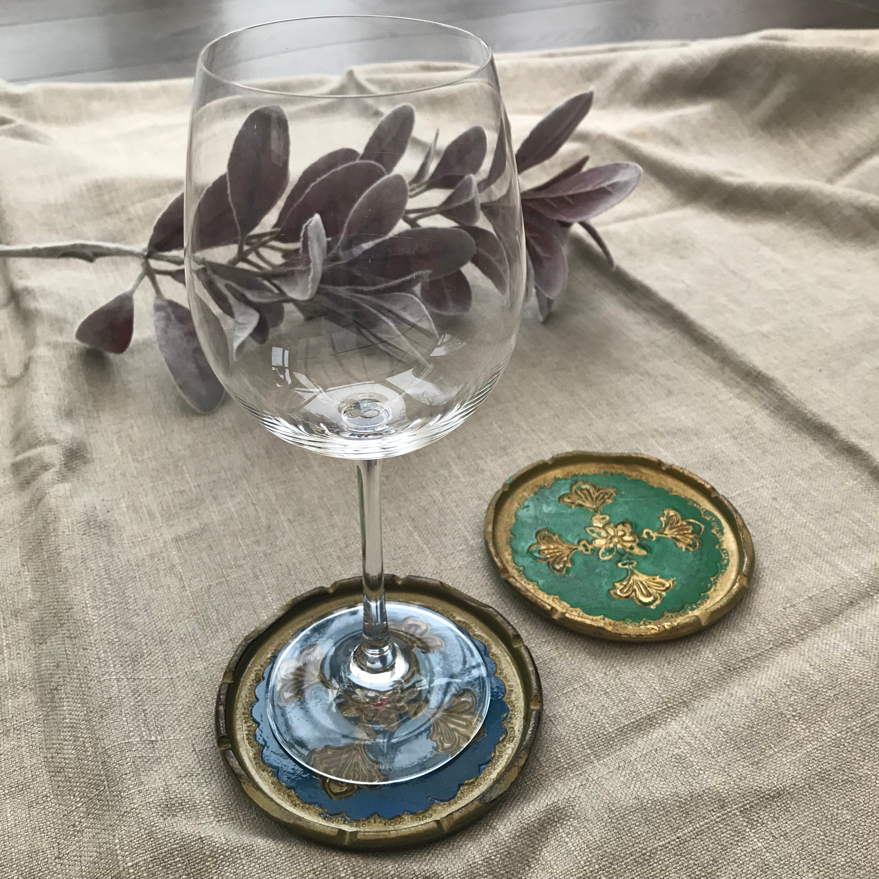 Set of Two Large Vintage Italian Florentine Coasters - Blue & Green