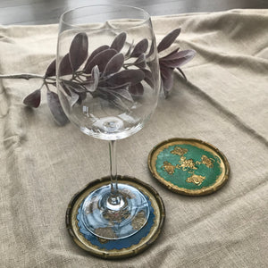 Set of Two Large Vintage Italian Florentine Coasters - Blue & Green