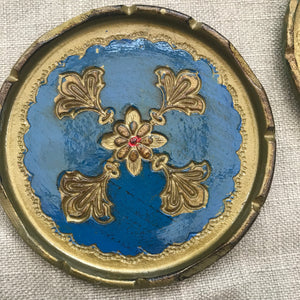 Set of Two Large Vintage Italian Florentine Coasters - Blue & Green