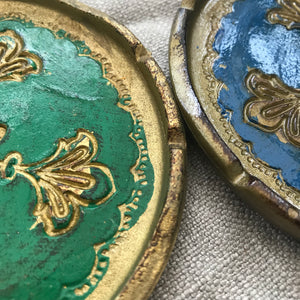 Set of Two Large Vintage Italian Florentine Coasters - Blue & Green