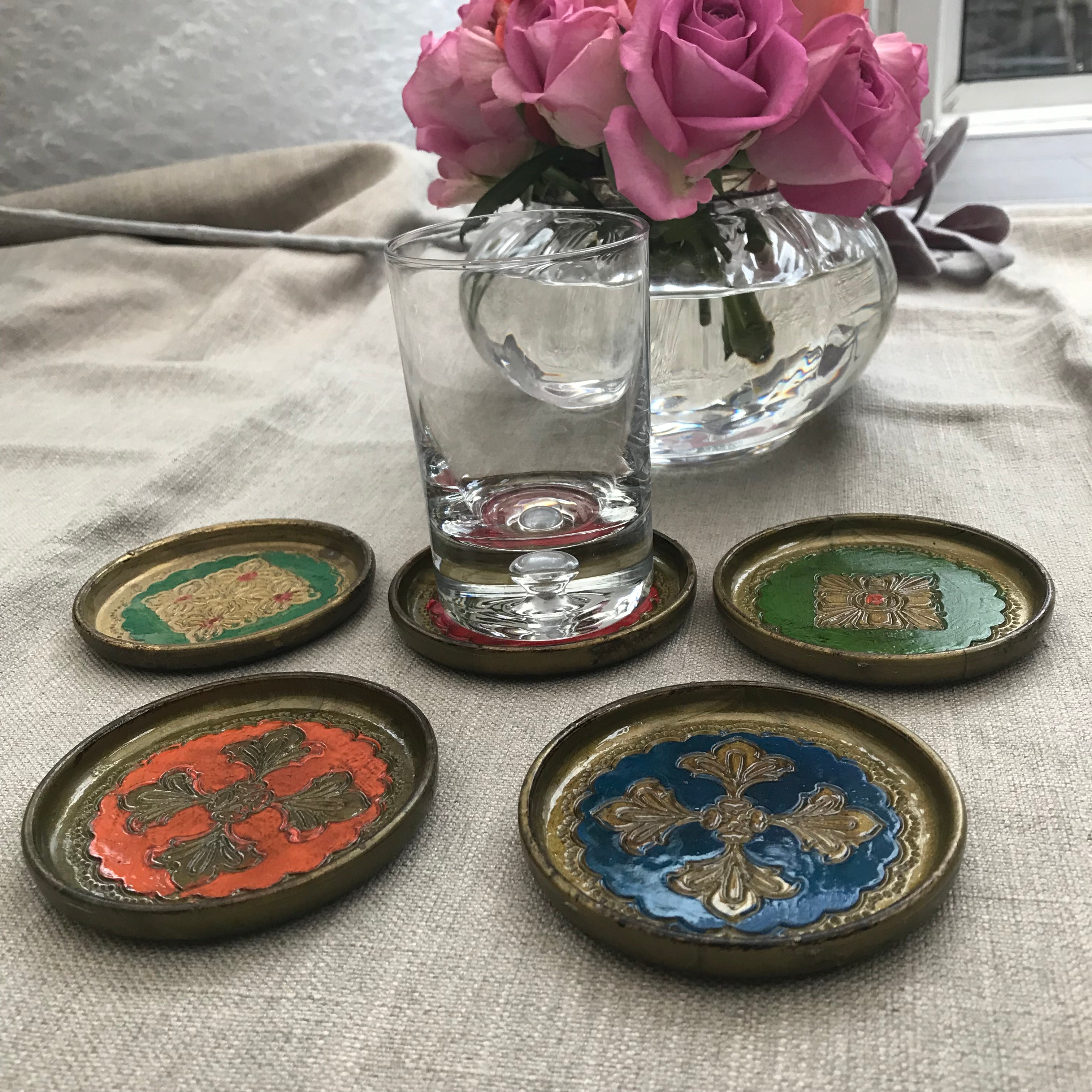 Set of Five Vintage Italian Florentine Coasters - Colour Mix