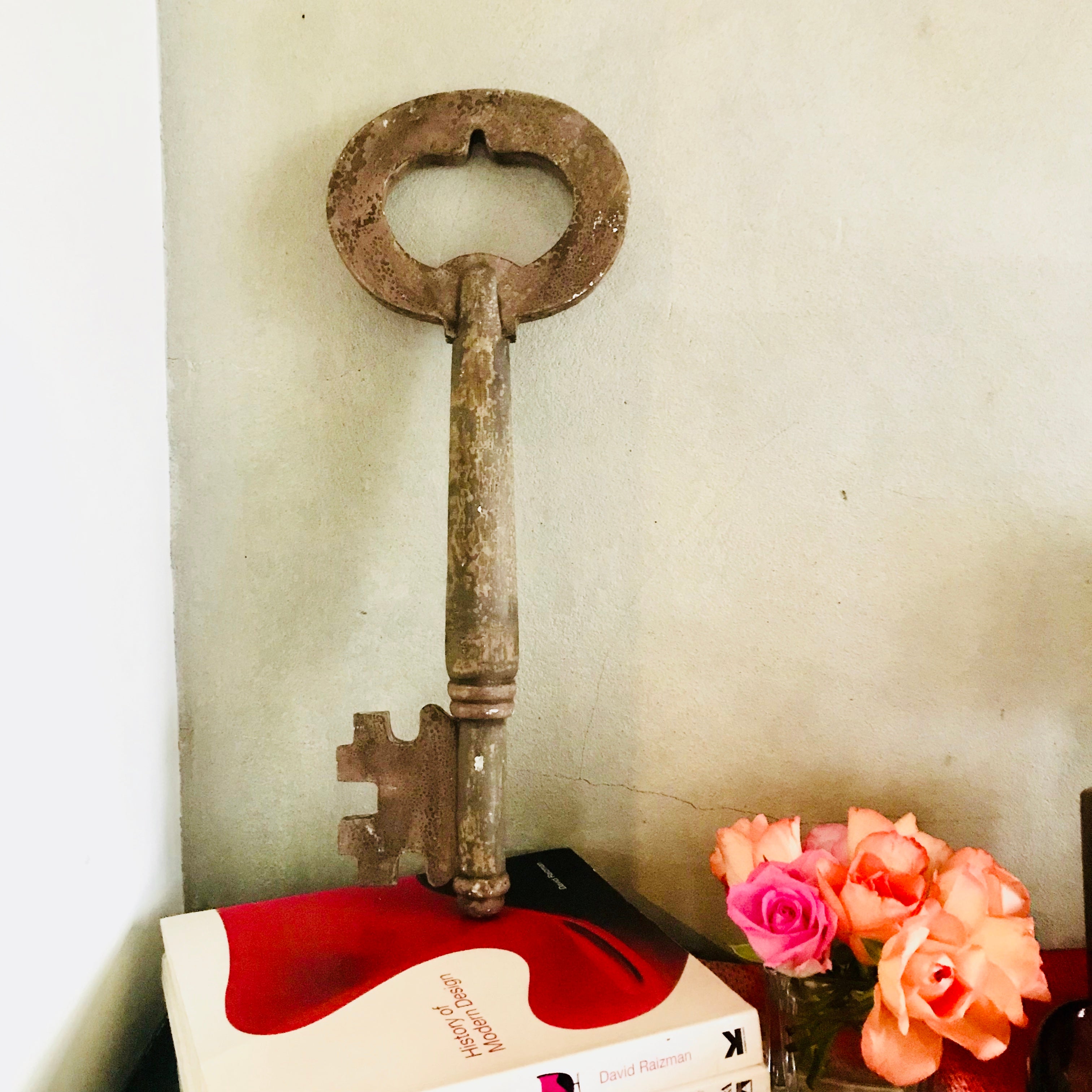 Oversized Wooden Key - Brown,Grey and Pink