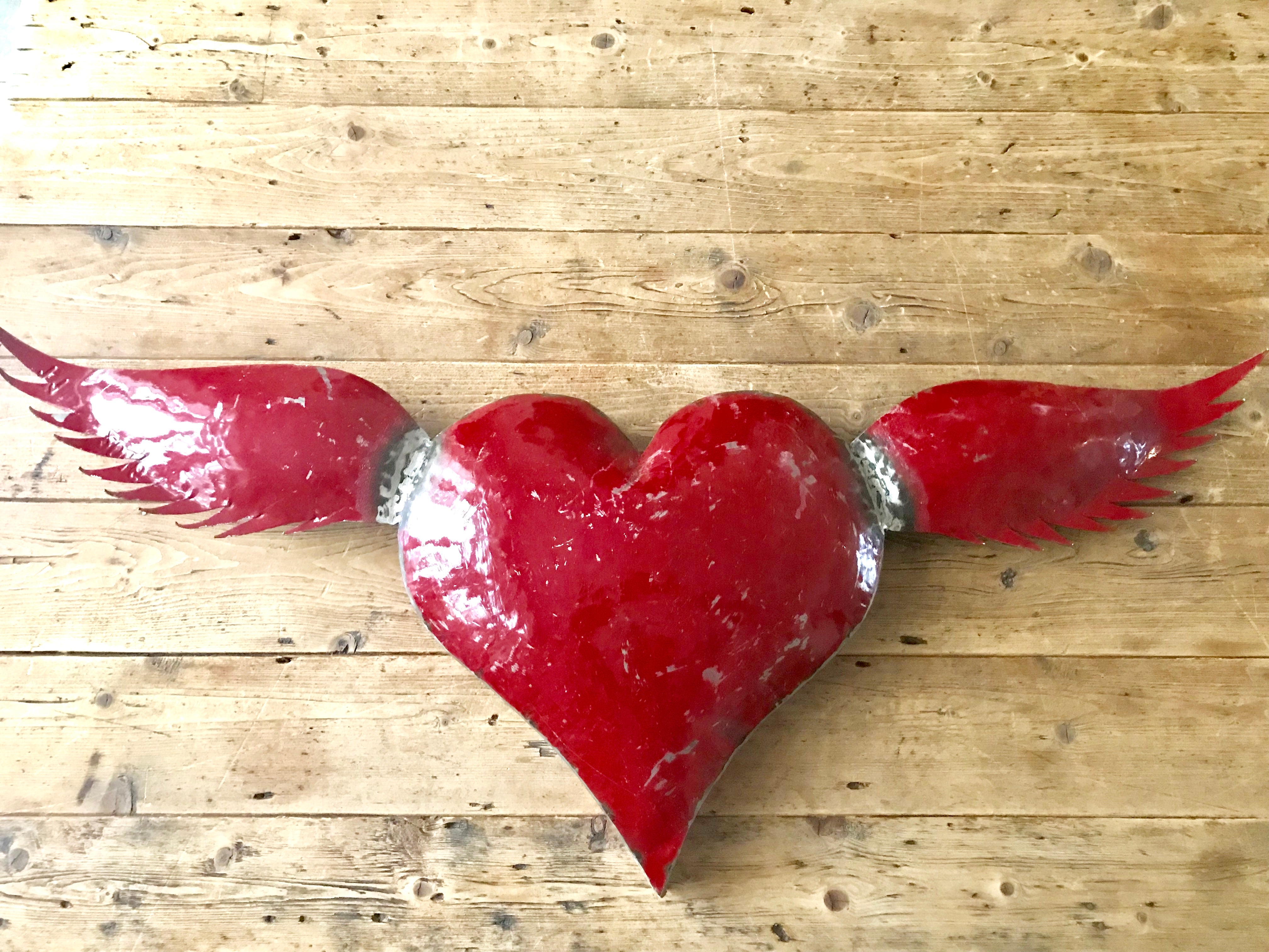 Large Recycled Metal Heart with Red Wings - Wall Art