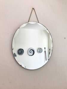 Scalloped Round  Art Deco Mirror with Long Chain