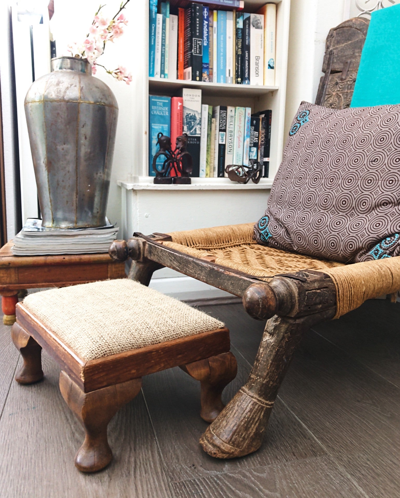 Vintage Wooden Footstool with Hessian Top