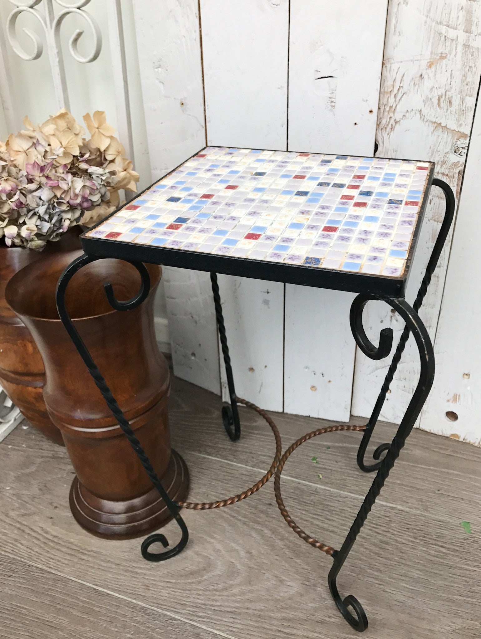 1970s Mosaic SideTable - Blue, Cream and Maroon