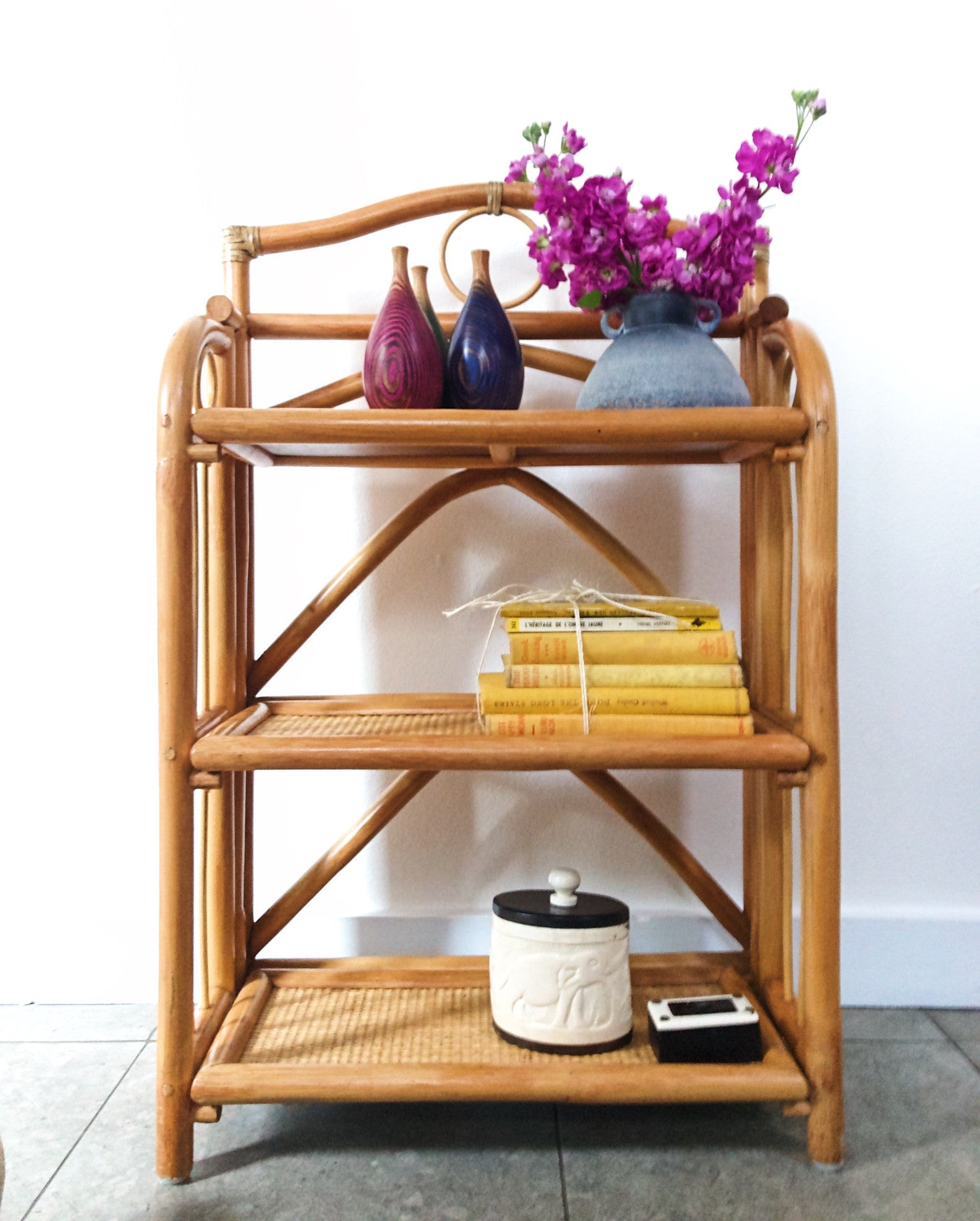 Midcentury Bamboo and Rattan Standing Shelf 