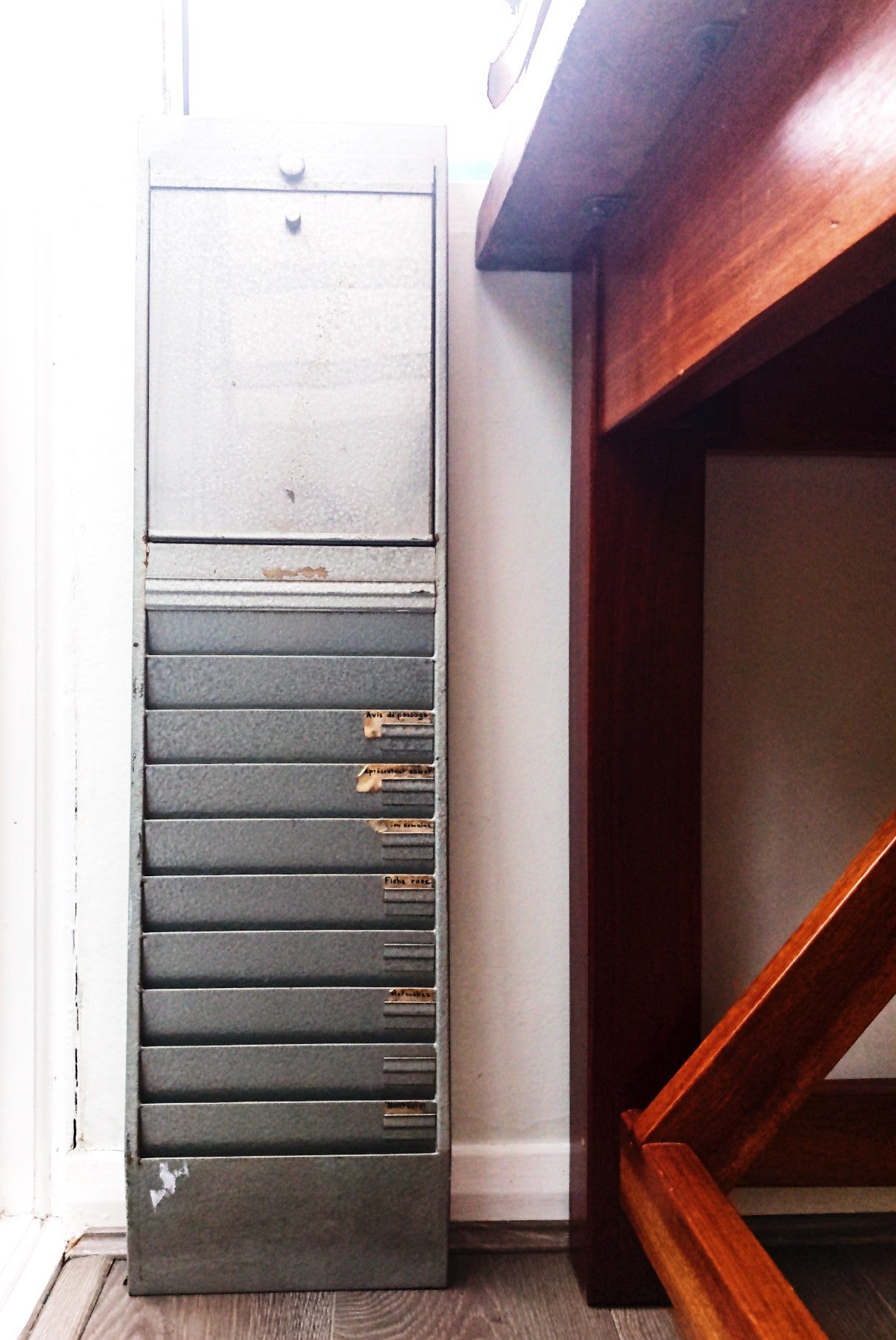 1940s French Vintage Metal Filing Unit/Clocking in Wall Unit