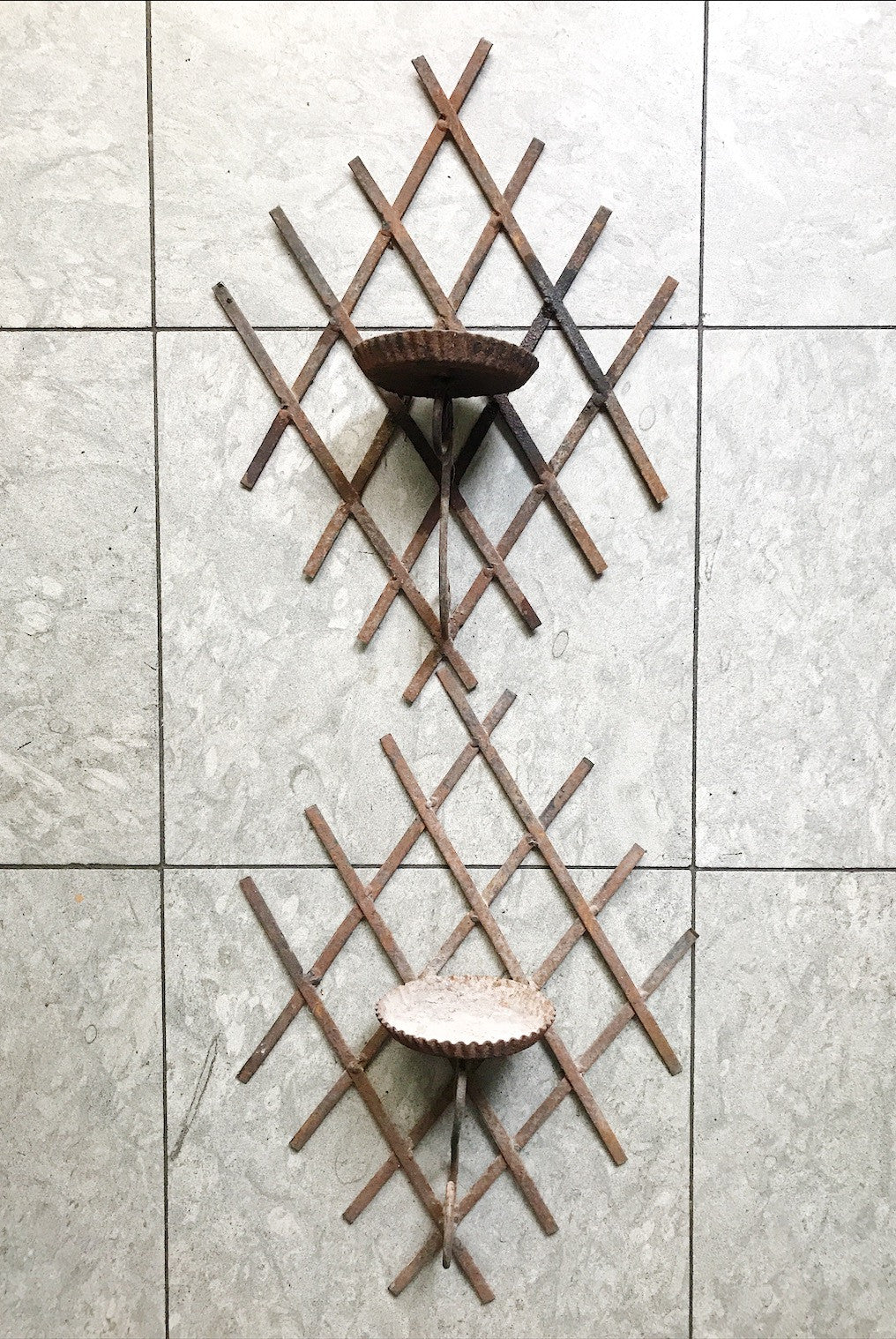 Pair of Trellised Metal Garden Candle Holders