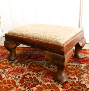 Vintage Wooden Footstool with Hessian Top