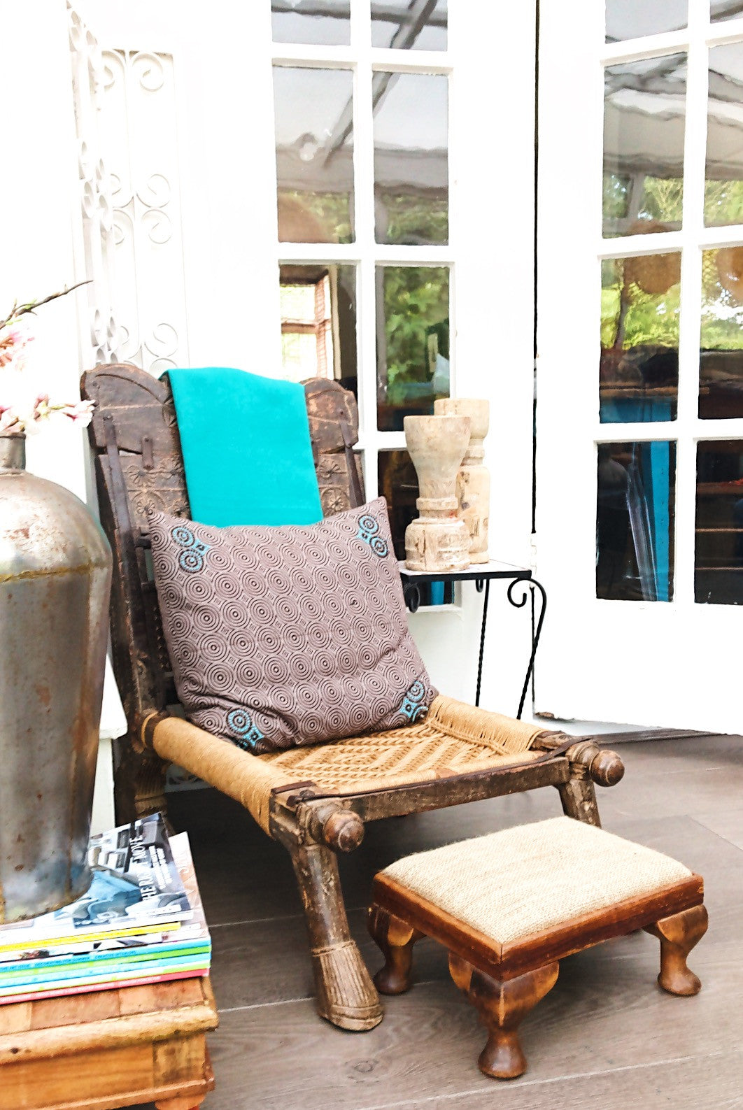 Vintage Wooden Footstool with Hessian Top