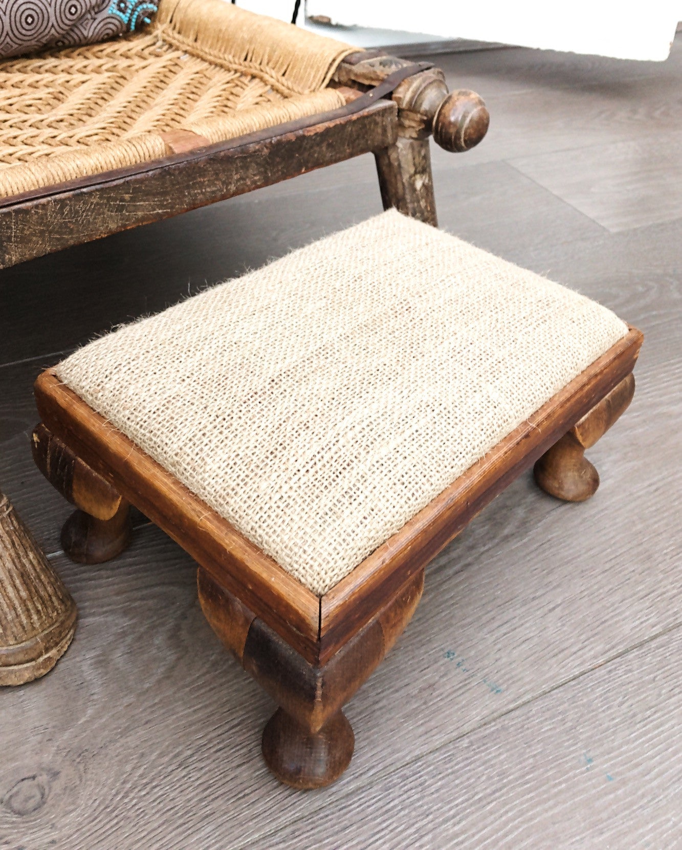 Vintage Wooden Footstool with Hessian Top