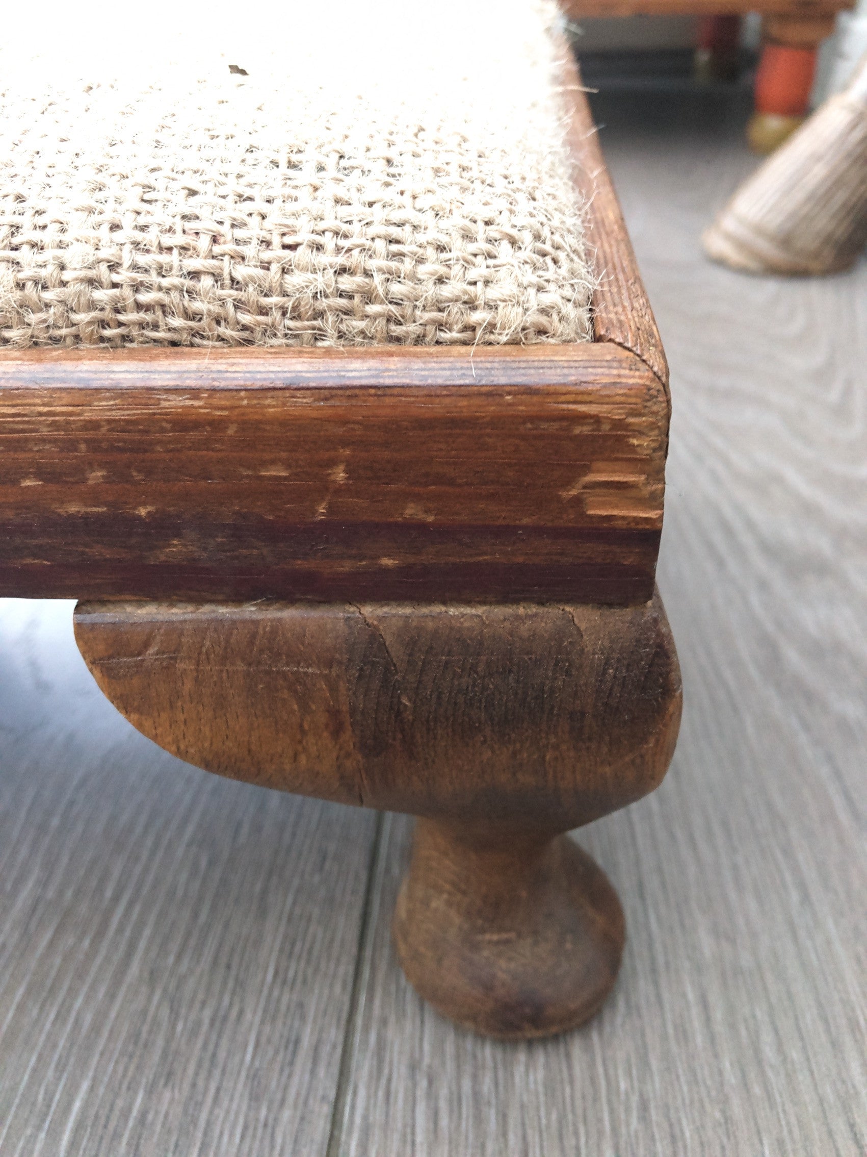 Vintage Wooden Footstool with Hessian Top