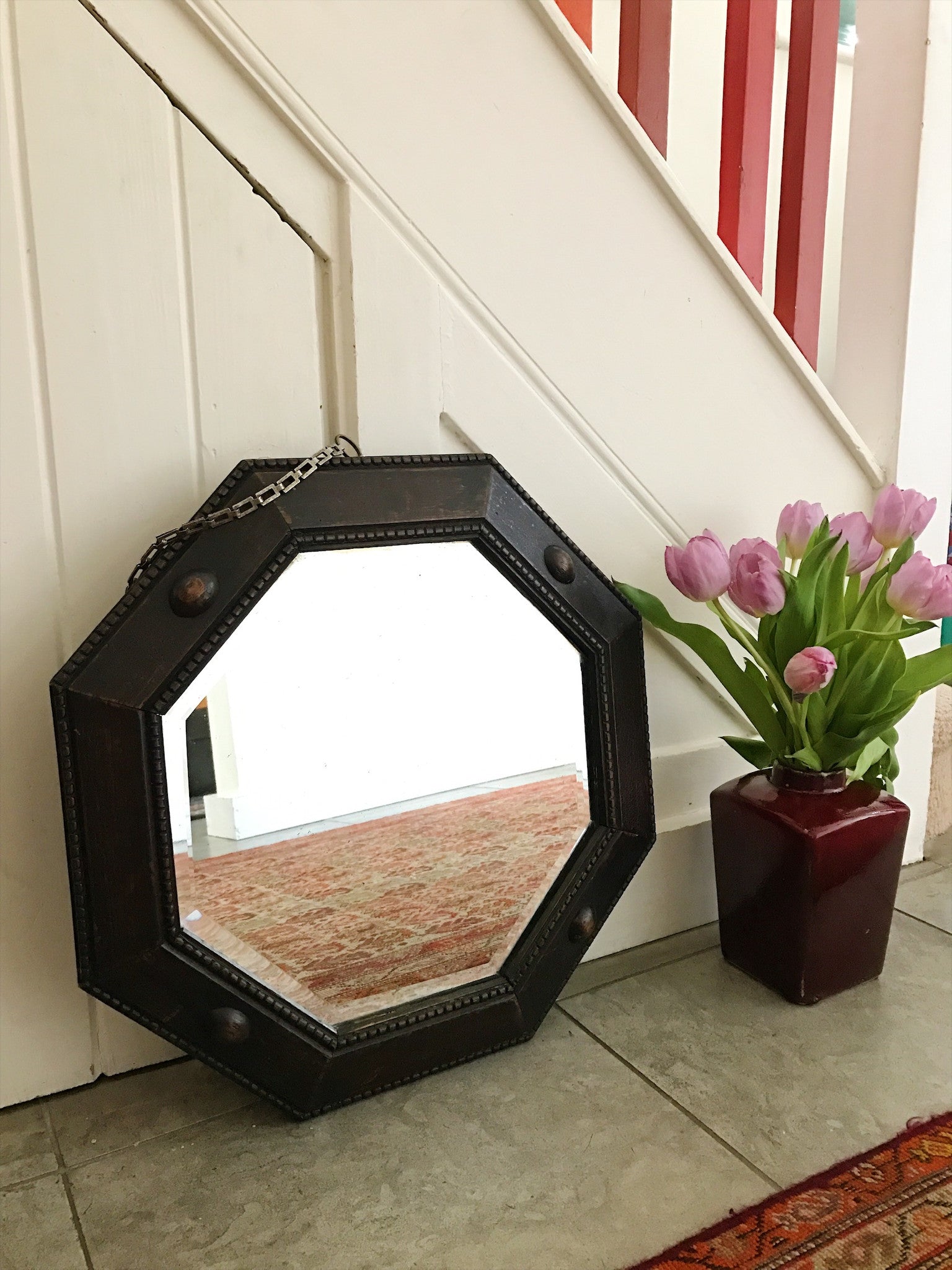 Heavy Wooden-Framed Vintage Octagonal Mirror