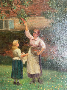 Apple Picking: 19th Century Oil on Canvas