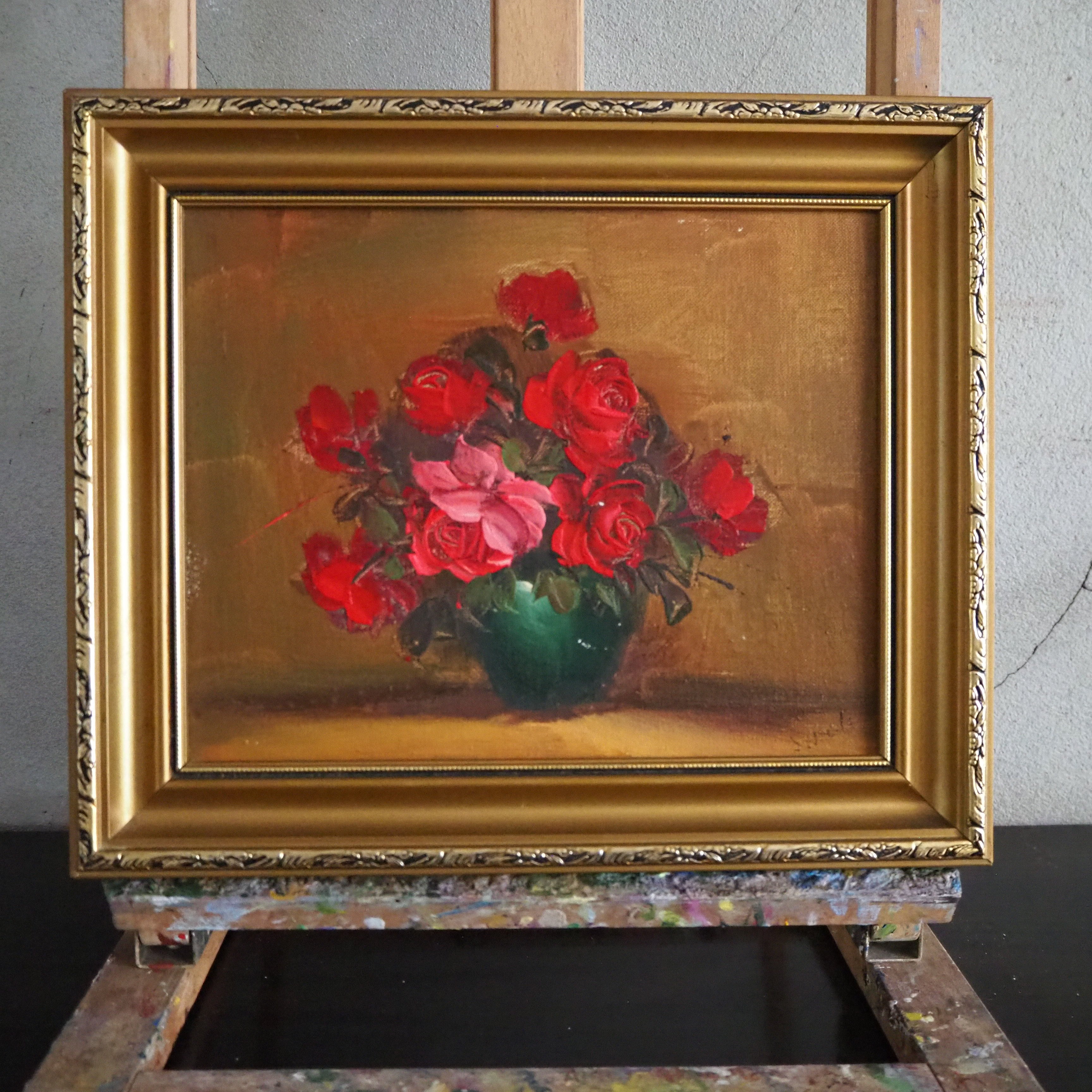 Red Roses: Framed MIdcentury Oil on Board