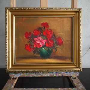 Red Roses: Framed MIdcentury Oil on Board