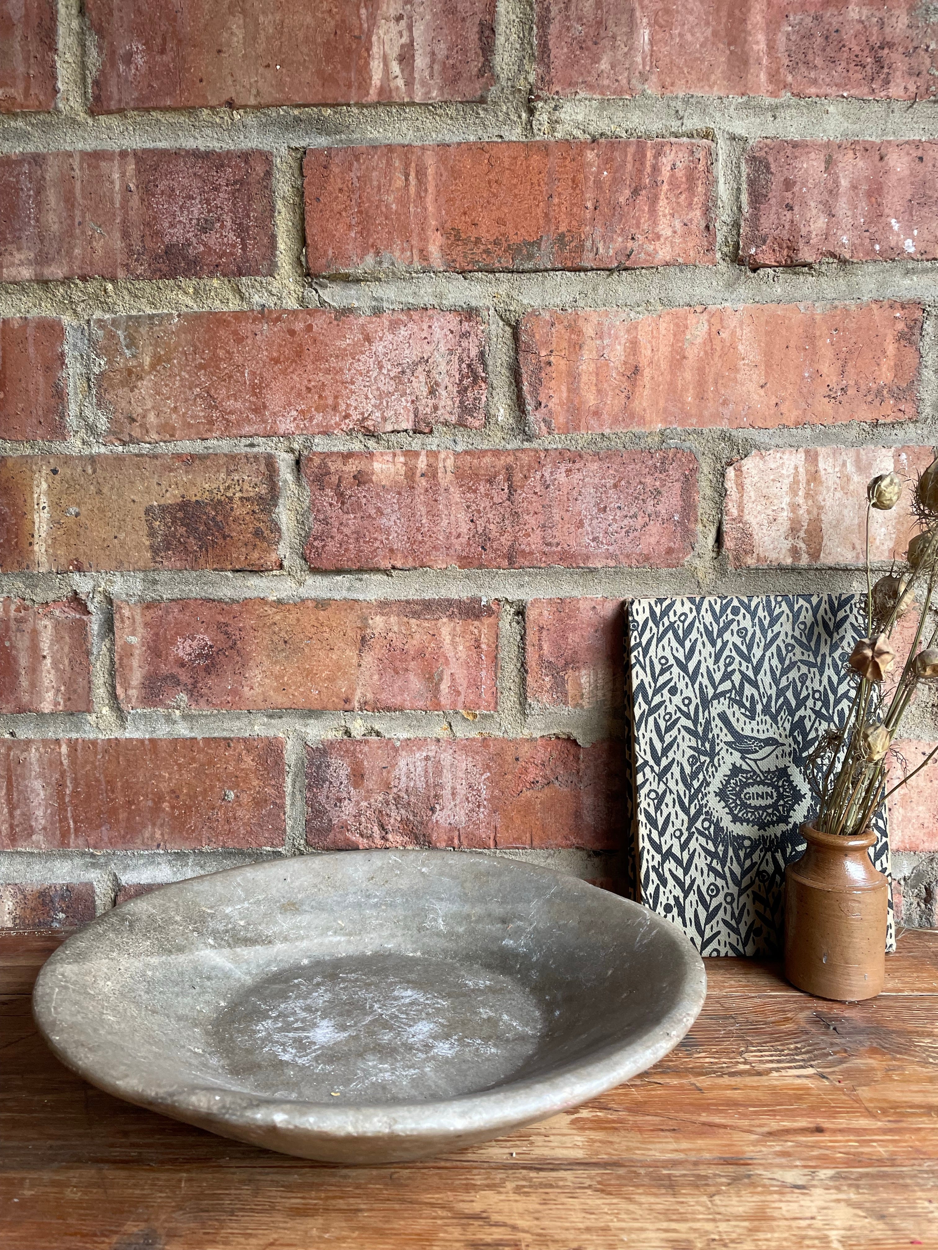 Antique Marble Stone Bowl: Beige/Grey Hues