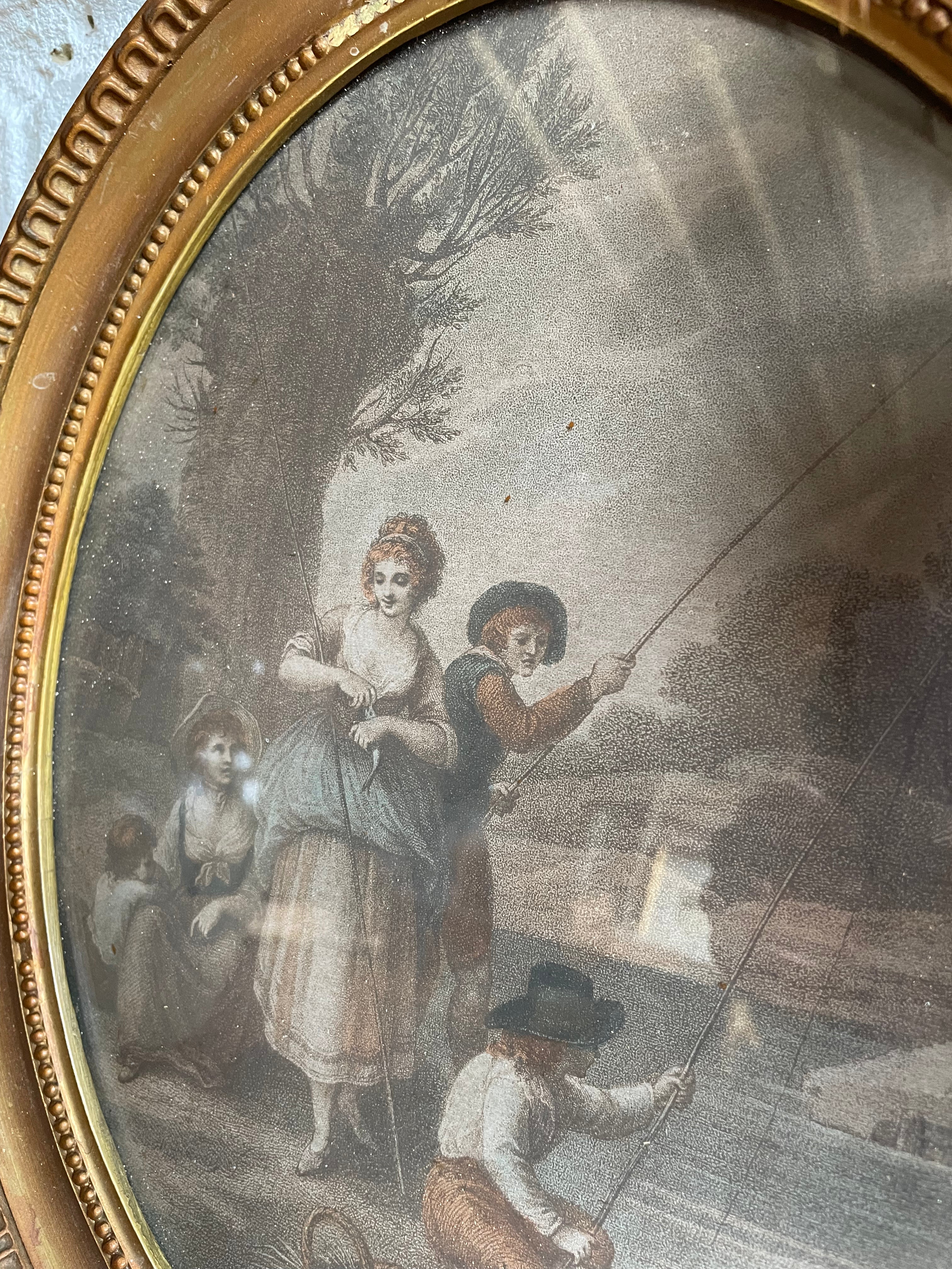 Antique Framed Lithographic Print of a Family Fishing