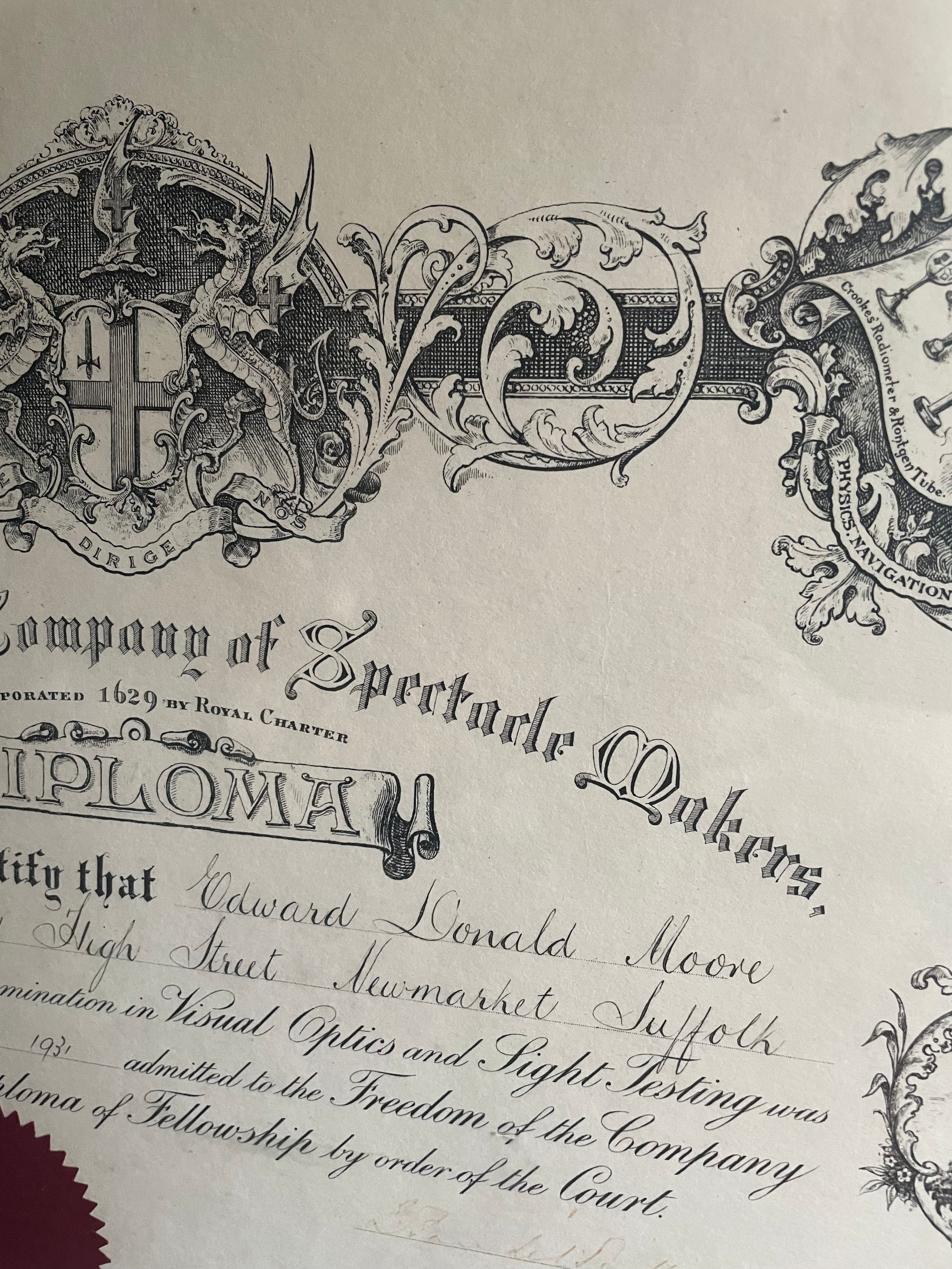 Large Framed 1930s Diploma from “The Worshipful Company of Spectacle Makers”