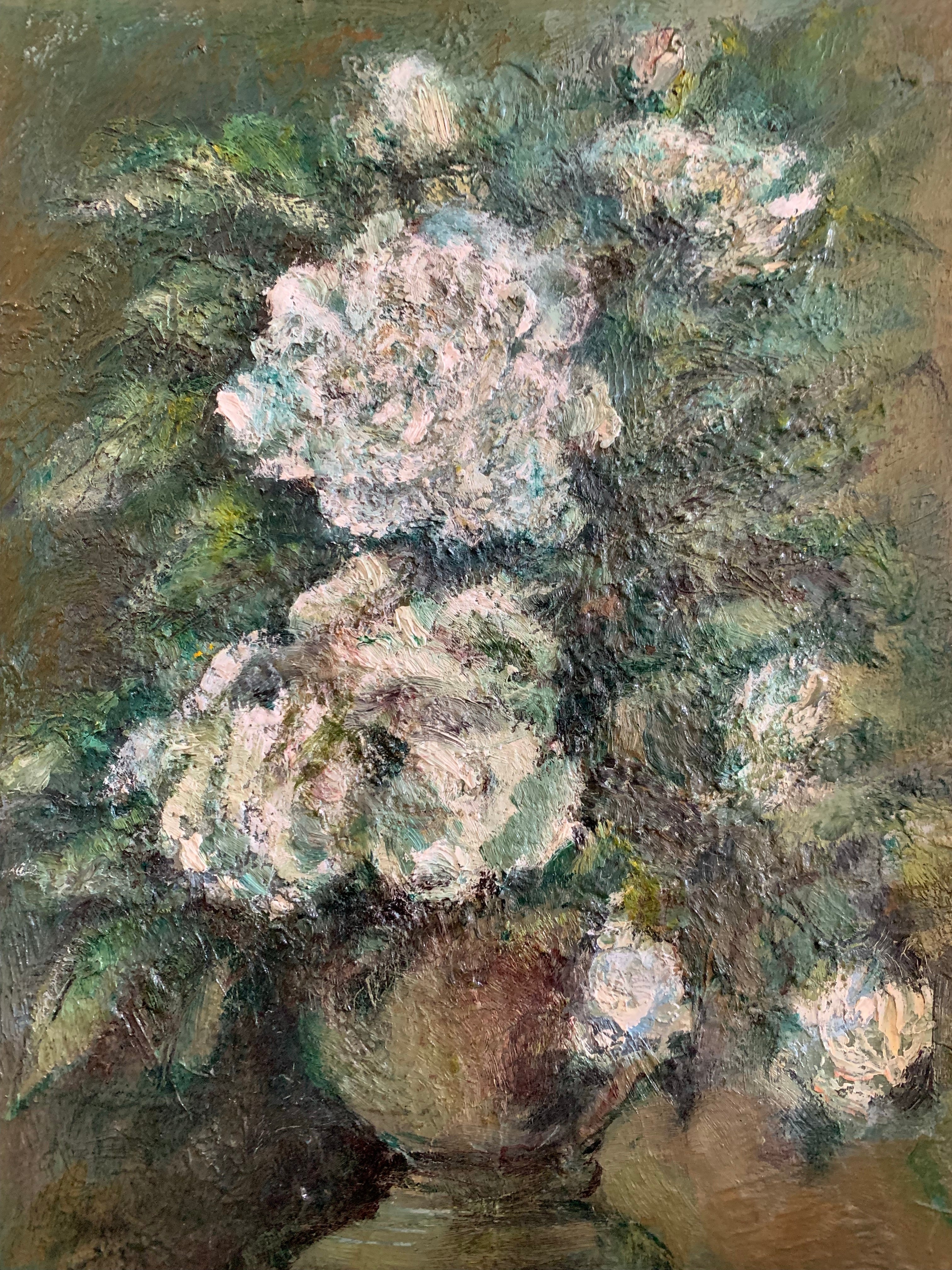 Small Vintage Floral Oil  in shades of green