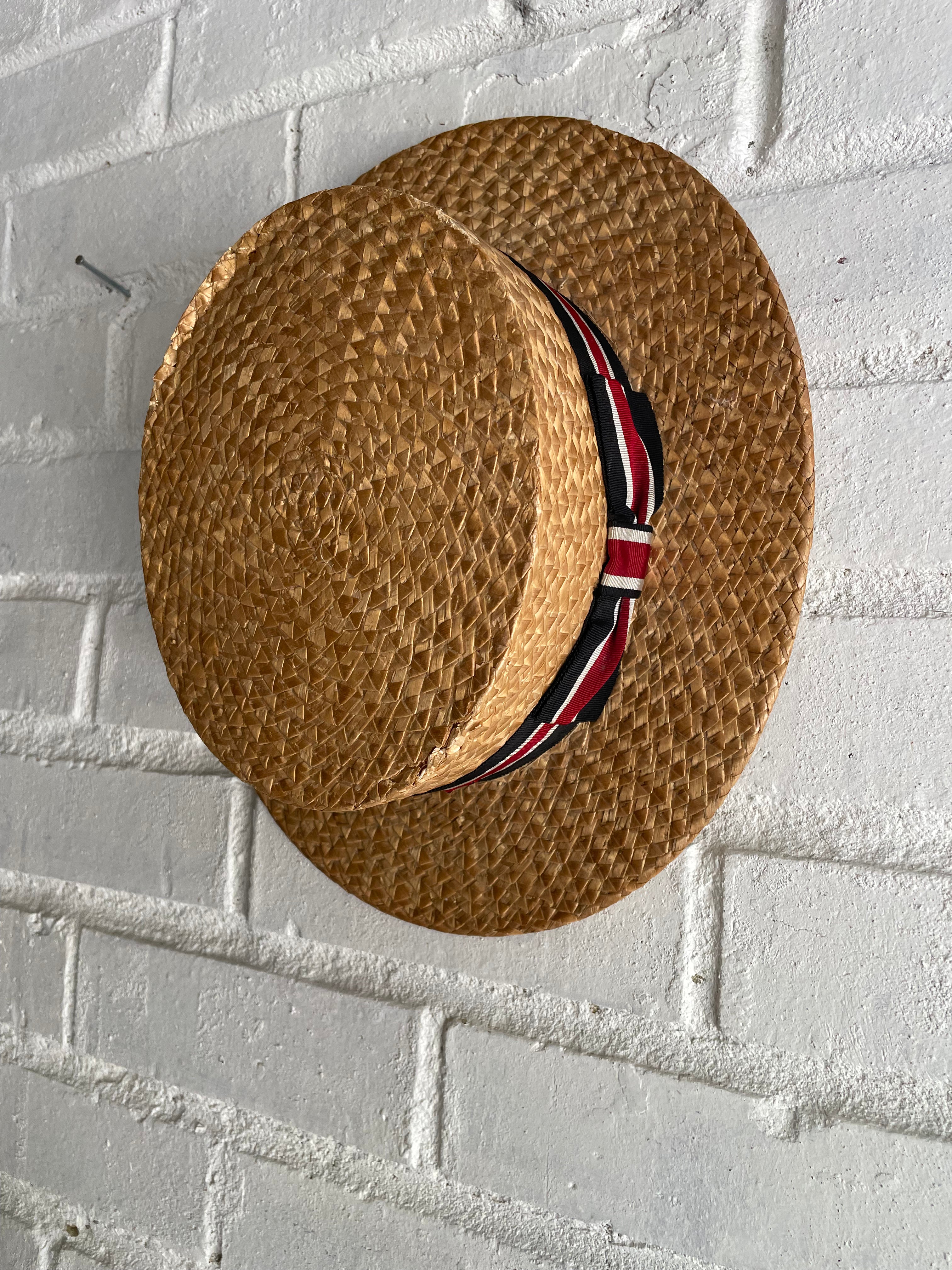 1930s Straw Boater Hat with Grosgrain Ribbon