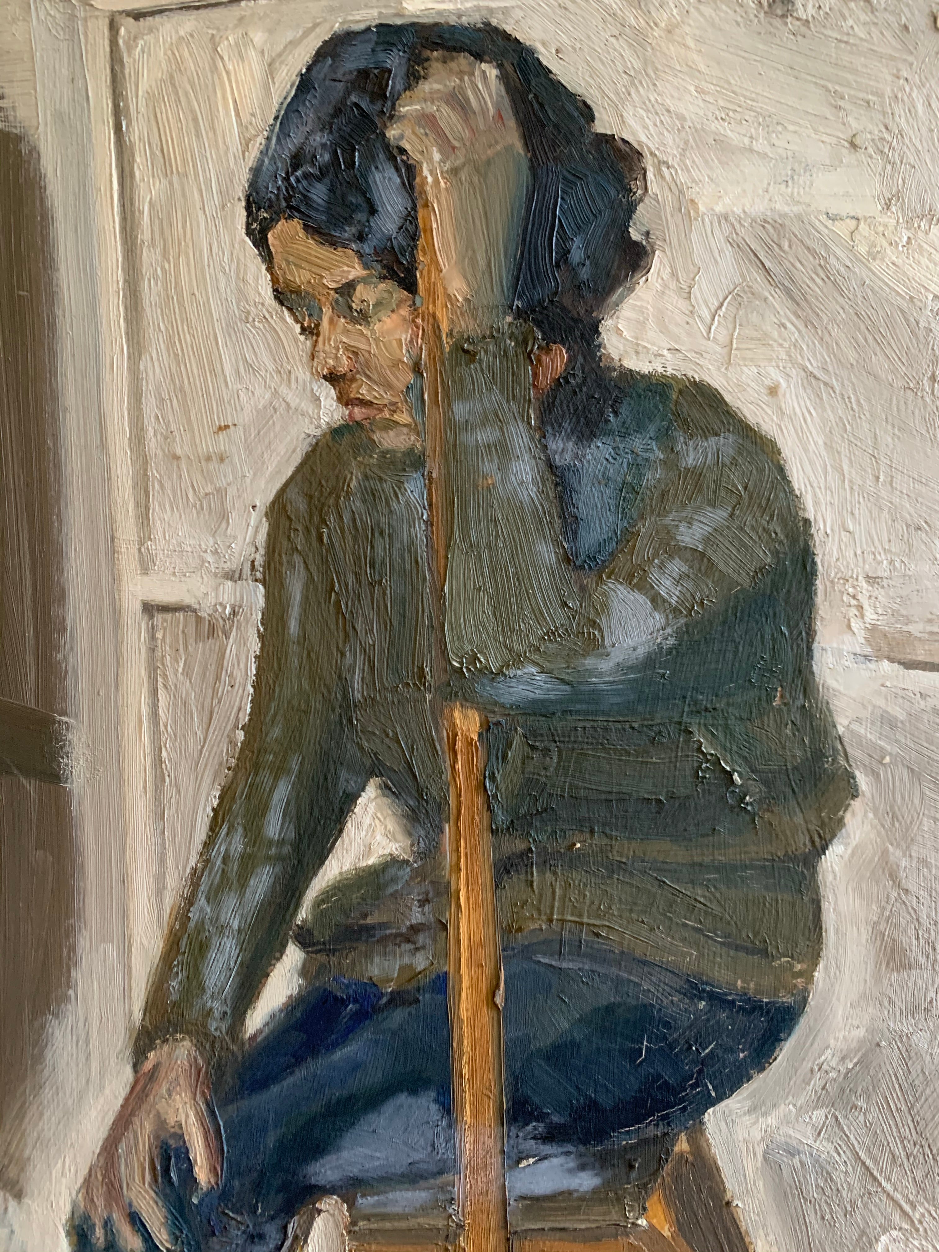 Portrait of a Lady on a ladder  - Oil Painting on Board