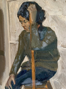Portrait of a Lady on a ladder  - Oil Painting on Board