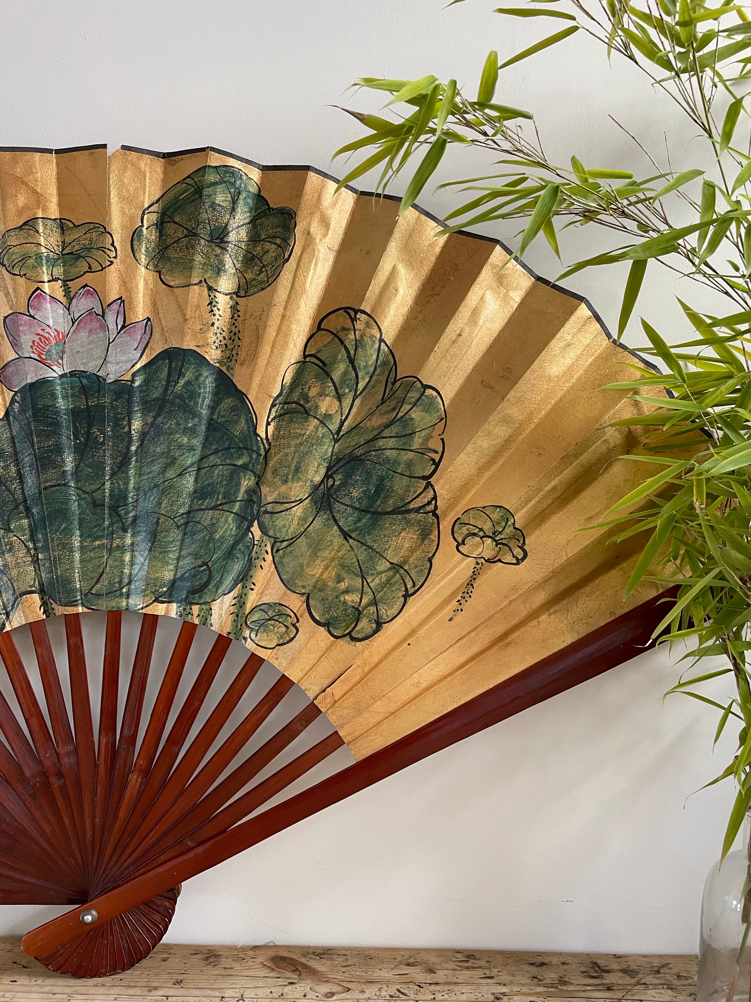 Large Vintage Chinese Handpainted Silk Fan for Wall Decor